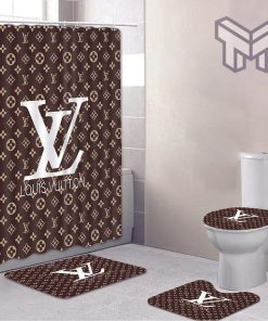 Louis Vuitton Brown Luxury Brand Logo Premium Bathroom Set Home Decor Shower Curtain And Rug Toilet Seat Lid Covers Bathroom Set