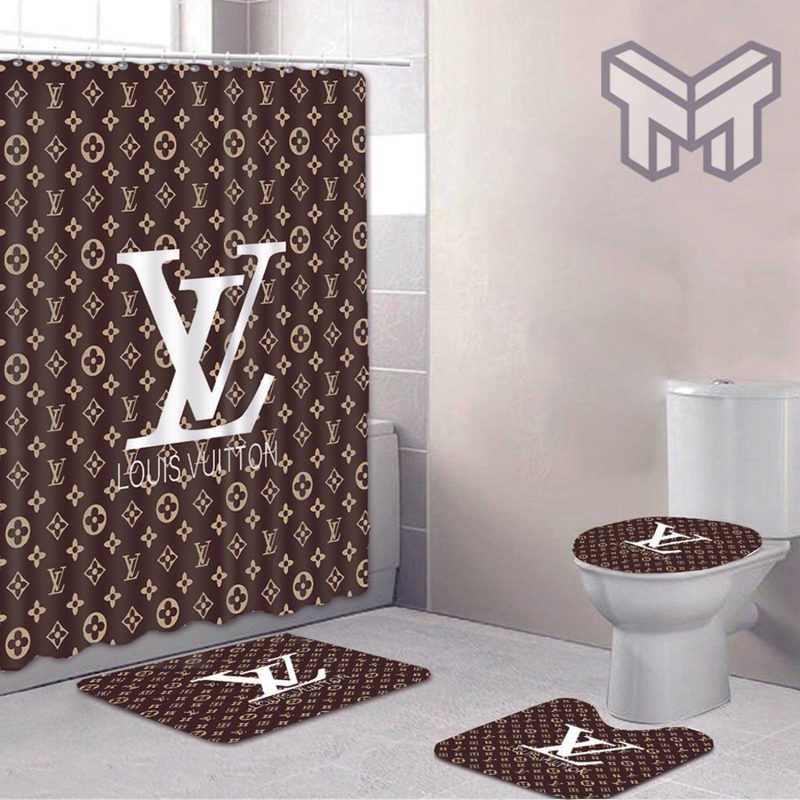 Louis Vuitton Brown Luxury Brand Logo Premium Bathroom Set Home Decor Shower Curtain And Rug Toilet Seat Lid Covers Bathroom Set