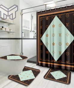 Louis Vuitton Brown Luxury Brand Premium Bathroom Set Home Decor Shower Curtain And Rug Toilet Seat Lid Covers Bathroom Set