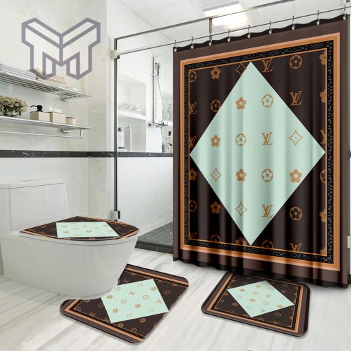 Louis Vuitton Brown Luxury Brand Premium Bathroom Set Home Decor Shower Curtain And Rug Toilet Seat Lid Covers Bathroom Set