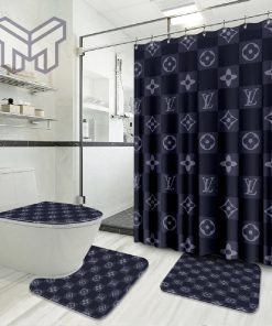 Louis Vuitton Caro Blue Fashion Logo Luxury Brand Bathroom Set Home Decor Shower Curtain And Rug Toilet Seat Lid Covers Bathroom Set