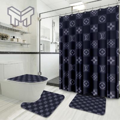 Louis Vuitton Caro Blue Fashion Logo Luxury Brand Bathroom Set Home Decor Shower Curtain And Rug Toilet Seat Lid Covers Bathroom Set