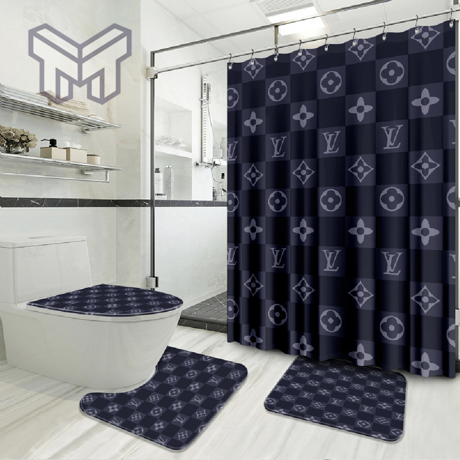 Louis Vuitton Blue Luxury Brand Premium Bathroom Set Home Decor Shower  Curtain And Rug Toilet Seat Lid Covers Bathroom Set - Muranotex Store