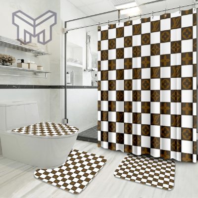 Louis Vuitton Caro Fashion Logo Luxury Brand Bathroom Set Home Decor Shower Curtain And Rug Toilet Seat Lid Covers Bathroom Set