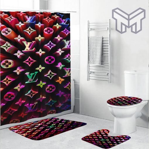 Louis Vuitton Colorful 3D Monogram Bathroom Set With Shower Curtain Shower Curtain And Rug Toilet Seat Lid Covers Bathroom Set