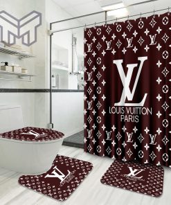 Louis Vuitton Dark Red Luxury Brand Logo Premium Bathroom Set Home Decor Shower Curtain And Rug Toilet Seat Lid Covers Bathroom Set