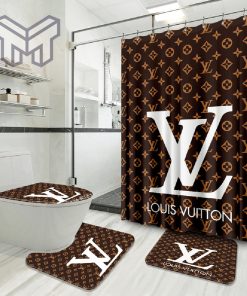 Louis Vuitton Fashion Brown Big Logo Luxury Brand Bathroom Set Home Decor Shower Curtain And Rug Toilet Seat Lid Covers Bathroom Set