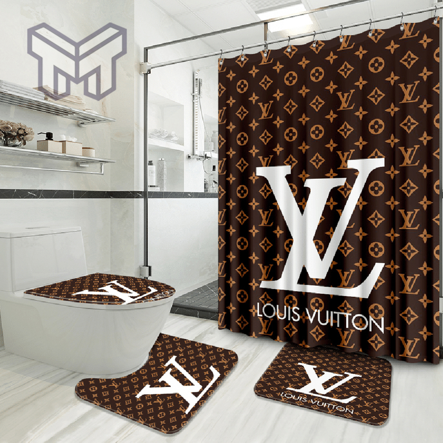 Louis Vuitton Dark Brown Shower Curtain Bathroom Set - LIMITED EDITION