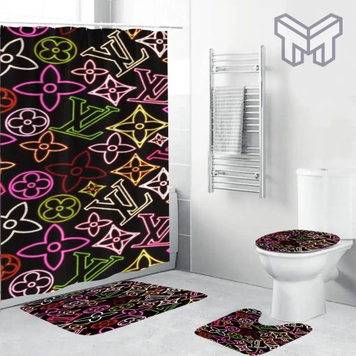 Louis Vuitton Fashion Logo Limited Luxury Brand Bathroom Set Home Decor 03 Shower Curtain And Rug Toilet Seat Lid Covers Bathroom Set