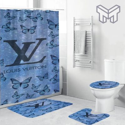 Louis Vuitton Fashion Logo Limited Luxury Brand Bathroom Set Home Decor 05 Shower Curtain And Rug Toilet Seat Lid Covers Bathroom Set