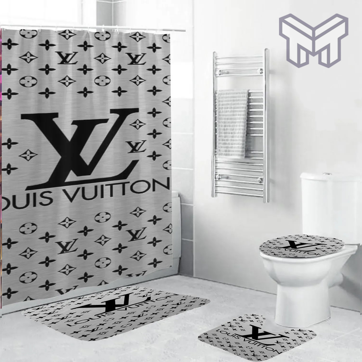 Louis Vuitton Fashion Logo Limited Luxury Brand Bathroom Set Home Decor 48  Shower Curtain And Rug Toilet Seat Lid Covers Bathroom Set - Muranotex Store