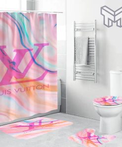 Louis Vuitton Fashion Logo Limited Luxury Brand Bathroom Set Home Decor 10 Shower Curtain And Rug Toilet Seat Lid Covers Bathroom Set