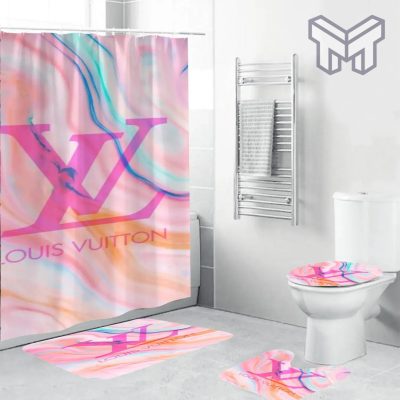 Louis Vuitton Fashion Logo Limited Luxury Brand Bathroom Set Home Decor 10 Shower Curtain And Rug Toilet Seat Lid Covers Bathroom Set