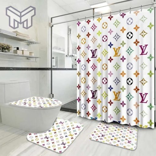 Louis Vuitton Fashion Logo Limited Luxury Brand Bathroom Set Home Decor 14 Shower Curtain And Rug Toilet Seat Lid Covers Bathroom Set