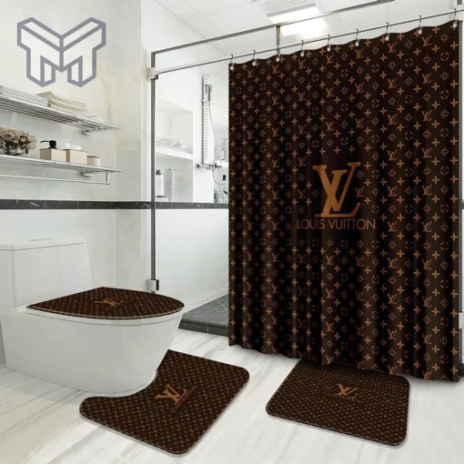 Louis Vuitton Fashion Logo Limited Luxury Brand Bathroom Set Home Decor 16 Shower Curtain And Rug Toilet Seat Lid Covers Bathroom Set