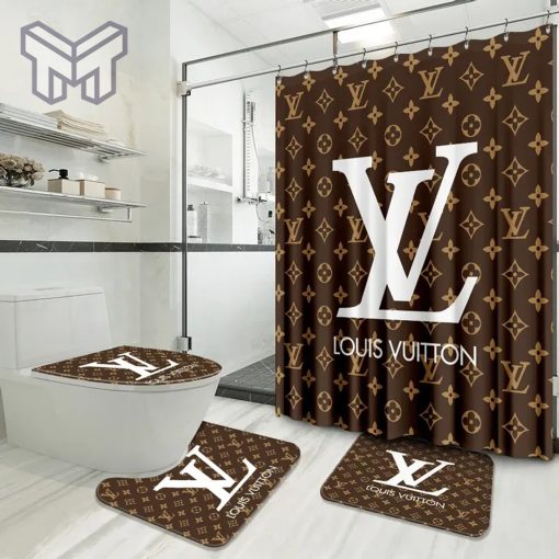 Louis Vuitton Fashion Logo Limited Luxury Brand Bathroom Set Home Decor 17 Shower Curtain And Rug Toilet Seat Lid Covers Bathroom Set