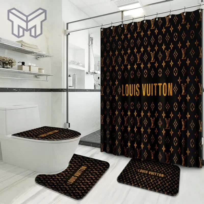 Louis Vuitton Fashion Logo Limited Luxury Brand Bathroom Set Home Decor 48  Shower Curtain And Rug Toilet Seat Lid Covers Bathroom Set - Muranotex Store