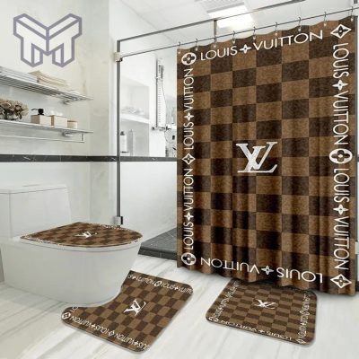 Louis Vuitton Fashion Logo Limited Luxury Brand Bathroom Set Home Decor 41 Shower Curtain And Rug Toilet Seat Lid Covers Bathroom Set