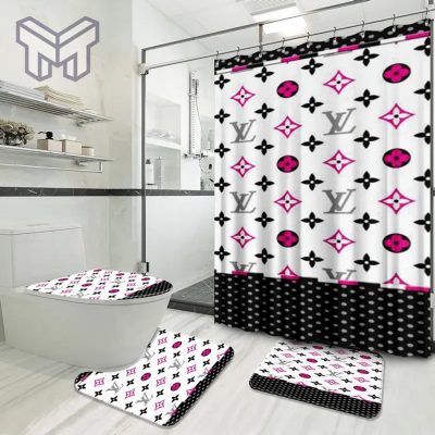 Louis Vuitton Fashion Logo Limited Luxury Brand Bathroom Set Home Decor 43 Shower Curtain And Rug Toilet Seat Lid Covers Bathroom Set