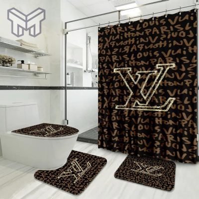 Louis Vuitton Fashion Logo Limited Luxury Brand Bathroom Set Home Decor 45 Shower Curtain And Rug Toilet Seat Lid Covers Bathroom Set