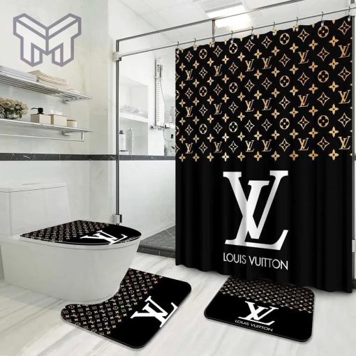 Louis Vuitton Fashion Logo Limited Luxury Brand Bathroom Set Home Decor 50 Shower Curtain And Rug Toilet Seat Lid Covers Bathroom Set