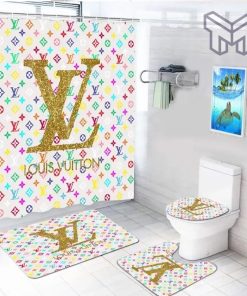 Louis Vuitton Fashion Logo Limited Luxury Brand Bathroom Set Home Decor 58 Shower Curtain And Rug Toilet Seat Lid Covers Bathroom Set