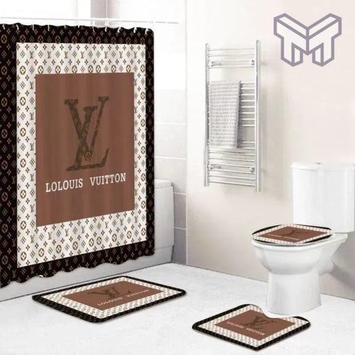 Louis Vuitton Fashion Logo Limited Luxury Brand Bathroom Set Home Decor 60 Shower Curtain And Rug Toilet Seat Lid Covers Bathroom Set