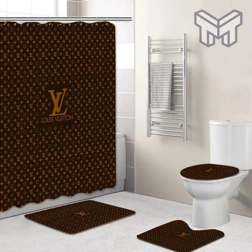 Louis Vuitton Fashion Logo Limited Luxury Brand Bathroom Set Home Decor 67 Shower Curtain And Rug Toilet Seat Lid Covers Bathroom Set