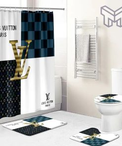 Louis Vuitton Fashion Logo Limited Luxury Brand Bathroom Set Home Decor 69 Shower Curtain And Rug Toilet Seat Lid Covers Bathroom Set