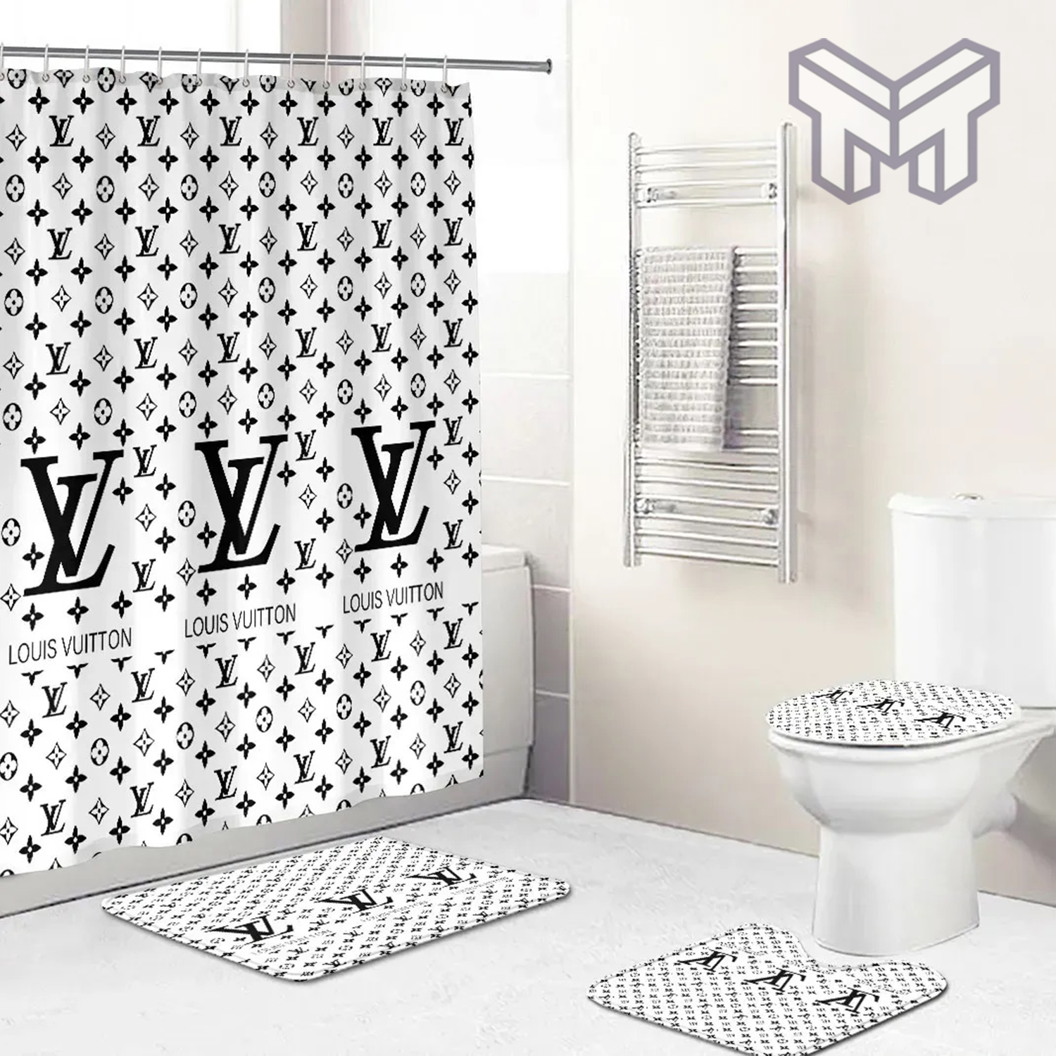 Louis Vuitton Big Logo Monogram In Grey Bathroom Set With Shower Curtain