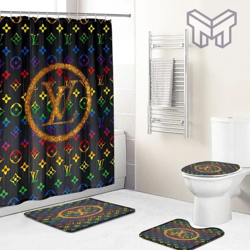 Louis Vuitton Fashion Logo Limited Luxury Brand Bathroom Set Home Decor 84 Shower Curtain And Rug Toilet Seat Lid Covers Bathroom Set