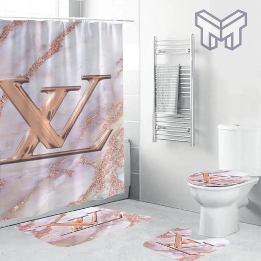 Louis Vuitton Fashion Logo Limited Luxury Brand Bathroom Set Home Decor 88 Shower Curtain And Rug Toilet Seat Lid Covers Bathroom Set