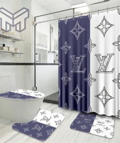 Louis Vuitton Fashion Logo Luxury Brand Bathroom Set Home Decor Shower Curtain And Rug Toilet Seat Lid Covers Bathroom Set