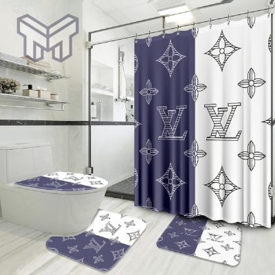 Louis Vuitton Fashion Logo Luxury Brand Bathroom Set Home Decor Shower Curtain And Rug Toilet Seat Lid Covers Bathroom Set