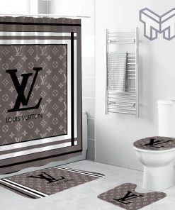 Louis Vuitton Fashion Logo Luxury Brand Premium Bathroom Set Home Decor Shower Curtain And Rug Toilet Seat Lid Covers Bathroom Set