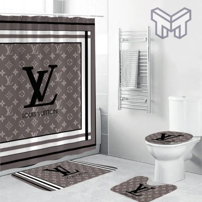 Louis Vuitton Fashion Logo Luxury Brand Premium Bathroom Set Home Decor Shower Curtain And Rug Toilet Seat Lid Covers Bathroom Set