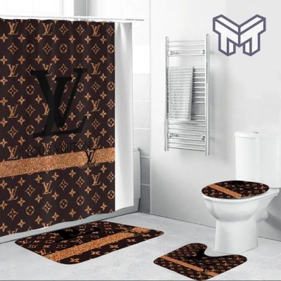 Louis Vuitton Fashion Luxury Brand Premium Bathroom Set Home Decor Shower Curtain And Rug Toilet Seat Lid Covers Bathroom Set