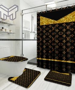 Louis Vuitton Golden Fashion Logo Luxury Brand Bathroom Set Home Decor Shower Curtain And Rug Toilet Seat Lid Covers Bathroom Set