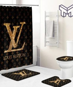 Louis Vuitton Golden Logo Brown Pattern Luxury Brand Fashion Premium Bathroom Set Home Decor Shower Curtain And Rug Toilet Seat Lid Covers Bathroom Set