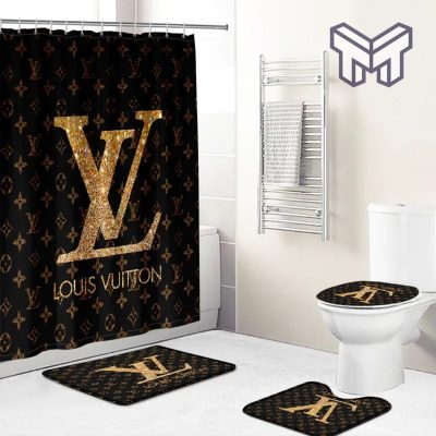 Louis Vuitton Golden Logo Brown Pattern Luxury Brand Fashion Premium Bathroom Set Home Decor Shower Curtain And Rug Toilet Seat Lid Covers Bathroom Set