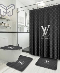 Louis Vuitton Gray Fashion Logo Luxury Brand Bathroom Set Home Decor Shower Curtain And Rug Toilet Seat Lid Covers Bathroom Set