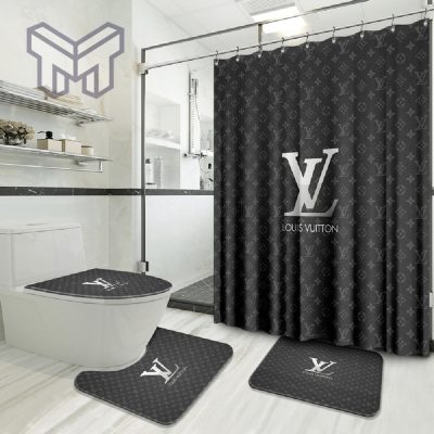 Louis Vuitton Gray Fashion Logo Luxury Brand Bathroom Set Home Decor Shower Curtain And Rug Toilet Seat Lid Covers Bathroom Set