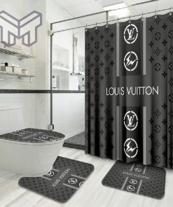 Louis Vuitton Grey Fashion Logo Luxury Brand Bathroom Set Home Decor Shower Curtain And Rug Toilet Seat Lid Covers Bathroom Set