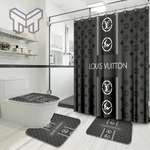 Louis Vuitton Grey Fashion Logo Luxury Brand Bathroom Set Home Decor Shower Curtain And Rug Toilet Seat Lid Covers Bathroom Set