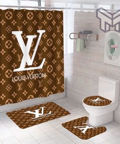 Louis Vuitton Light Brown Fashion Luxury Brand Premium Bathroom Set Shower Curtain Bath Mat Set Home Decor Shower Curtain And Rug Toilet Seat Lid Covers Bathroom Set