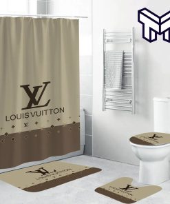 Louis Vuitton Light Grey Fashion Luxury Brand Premium Bathroom Set Home Decor Shower Curtain And Rug Toilet Seat Lid Covers Bathroom Set