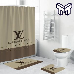 Louis Vuitton Light Grey Fashion Luxury Brand Premium Bathroom Set Home Decor Shower Curtain And Rug Toilet Seat Lid Covers Bathroom Set