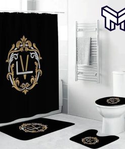 Louis Vuitton Logo Black Fashion Luxury Brand Premium Bathroom Set Home Decor Shower Curtain And Rug Toilet Seat Lid Covers Bathroom Set