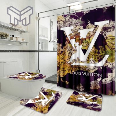 Louis Vuitton Luxury Brand Logo Bathroom Set Home Decor Shower Curtain And Rug Toilet Seat Lid Covers Bathroom Set