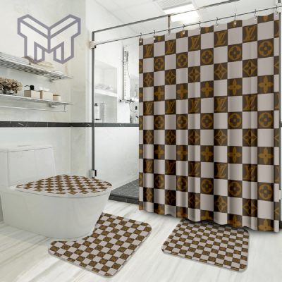 Louis Vuitton Luxury Brand Logo Premium Bathroom Set Home Decor Shower Curtain And Rug Toilet Seat Lid Covers Bathroom Set